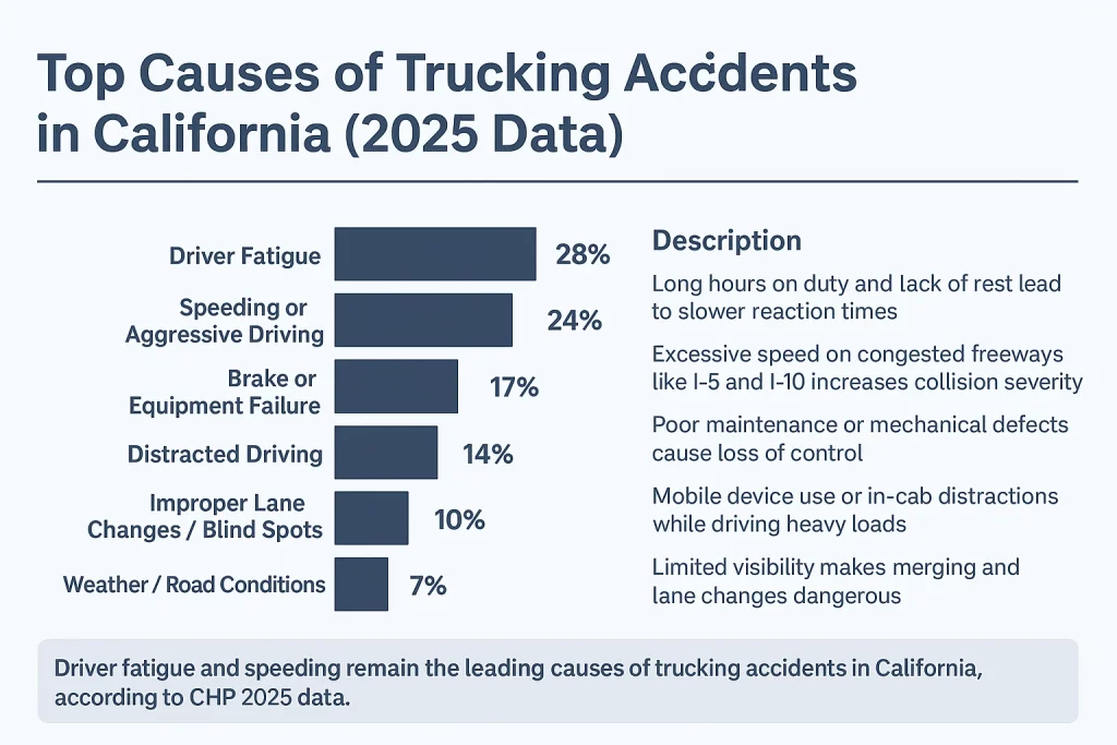 Top Causes of Trucking Accdents
in California (2025 Data)